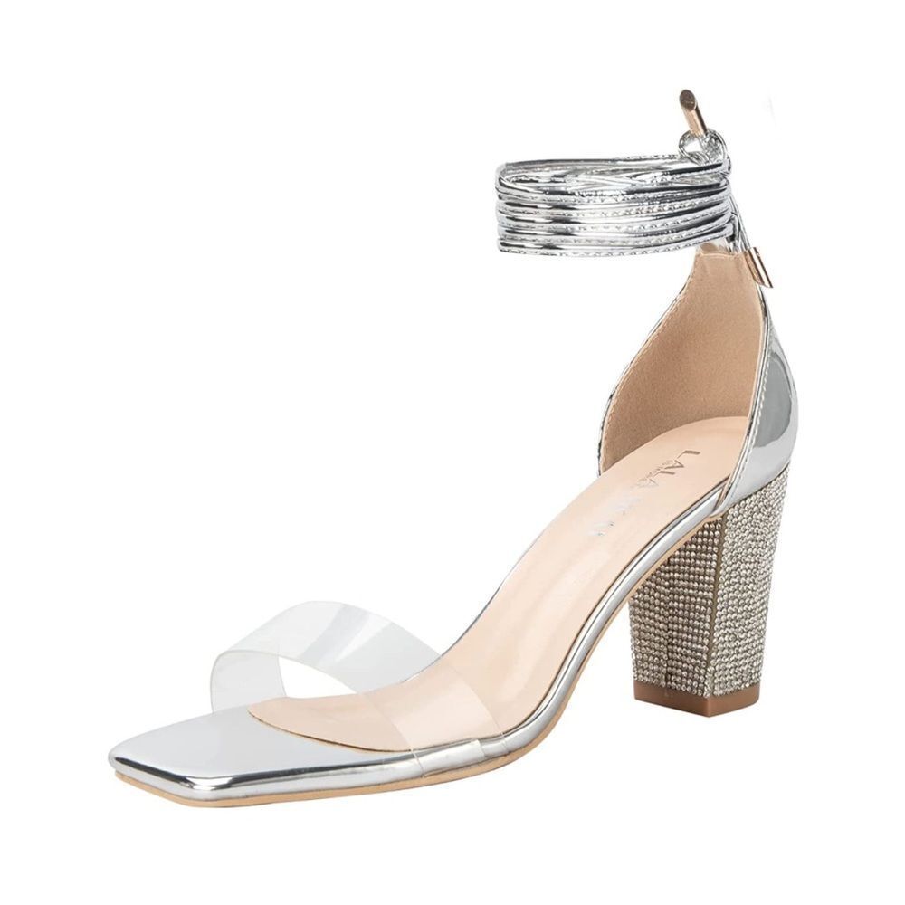 Silver Rhinestone Block Heeled Sandal Clear Strappy Open Square Toe 2.75” Heel